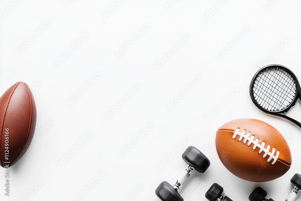 Aufkleber various sports equipment like a football, tennis racket, and dumbbell are neatly arranged on a blank