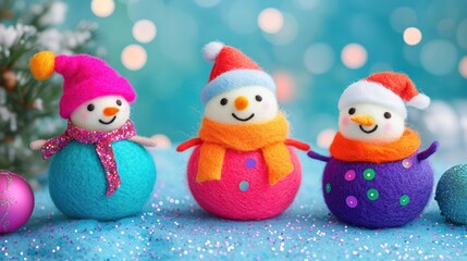 Colorful homemade holiday crafts using felt, sequins, and glue to create playful holiday characters