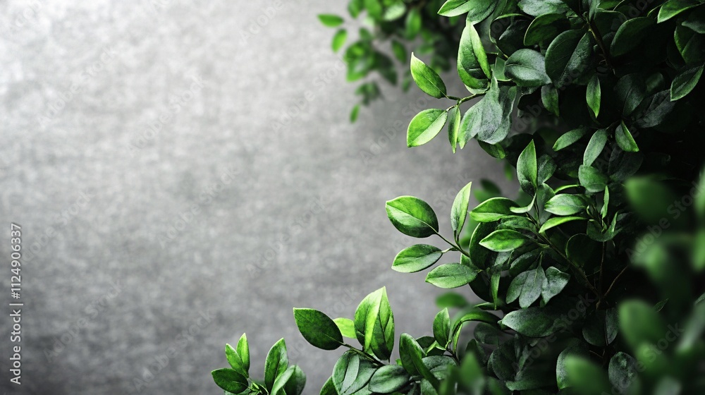 Poster green leaves creating a frame on a gray wall background