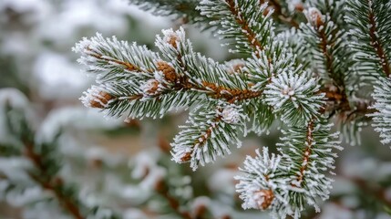 Frosted pine branches create a tranquil winter atmosphere, where delicate snowflakes rest gently upon vibrant green needles amidst a peaceful, snowy backdrop