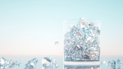Ice Crystals in Glass: Sparkling, translucent ice crystals tumble into a glass, creating a visually stunning, refreshing scene. The soft blue backdrop adds to the serene ambiance.