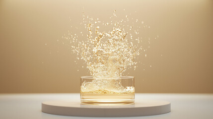 Liquid Explosion: A mesmerizing splash of golden liquid erupts from a glass vessel, creating a stunning display of movement and energy. The image evokes a sense of vitality and dynamism.