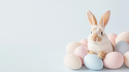 Fototapeta premium Adorable easter bunny resting amidst pastel-colored eggs, creating a charming springtime scene