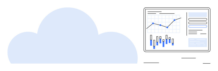 Large cloud icon beside a computer monitor displaying various charts and graphs. Ideal for data analysis, cloud computing, technology solutions, business growth, digital transformation, information