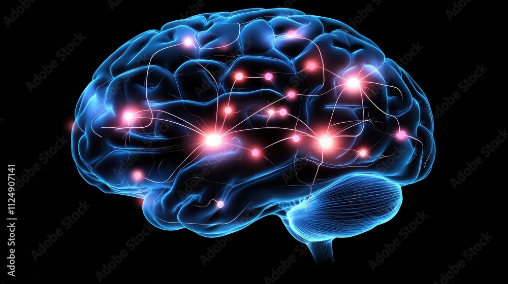 Poster an abstract art piece showcases the human brain's design, featuring glowing neural connections for c