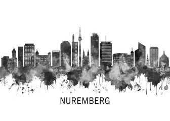 Obraz premium Nuremberg Germany Skyline BW, cityscape landscape watercolor painting print poster abstract splash illustration urban art modern downtown landmarks skyscrapers