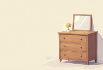 Digital drawing of a light-brown wooden dresser with framed picture and potted plant on top