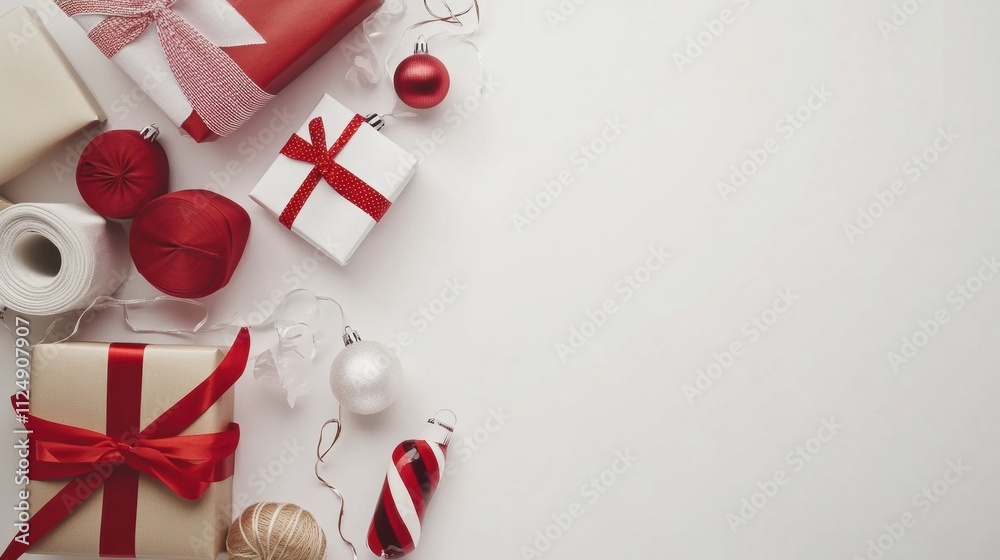 Poster brightly colored gift wrapping materials are artistically arranged with ribbons and decorations, lea