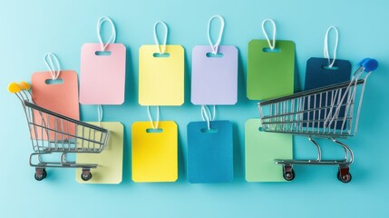 Colorful Shopping Tags and Carts on Blue Background