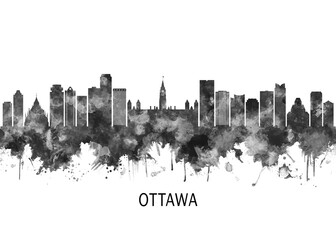 Obraz premium Ottawa Canada Skyline BW, cityscape landscape watercolor painting print poster abstract splash illustration urban art modern downtown landmarks skyscrapers