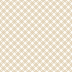 Golden floral grid ornament. Vector abstract gold and white geometric seamless pattern with mesh, lattice, flower silhouettes, curved lines, net, repeat tiles. Simple background texture. Luxury design
