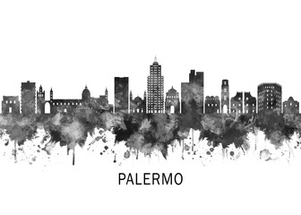 Obraz premium Palermo Italy Skyline BW, cityscape landscape watercolor painting print poster abstract splash illustration urban art modern downtown landmarks skyscrapers