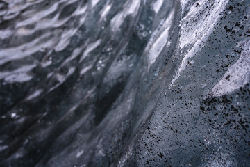 Detailed, close-Up Of Ice In An Ice Cave. Blue pattern, texture. Southern Iceland. Copy space for text or background.