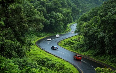 Fototapeta premium A serene, high-resolution photograph showcasing cars driving along a winding road through a green forest, captured from a high-angle view with a wide-angle lens.