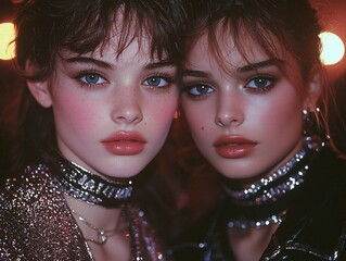 portrait of two women on an 80s party setting, generative ai