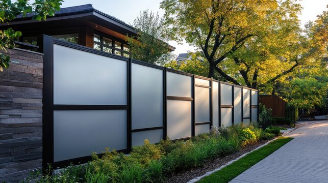 Contemporary fence with frosted glass panels and sleek aluminum framing for a stylish perimeter