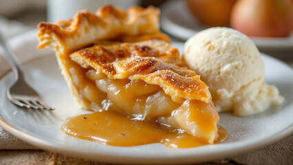 A piece of warm pear pie served with vanilla ice cream on a plate evokes comfort and enjoyment.