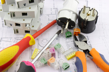 Electrical installation tools and materials for the assembly of electrical equipment. Soft focus. Close-up.