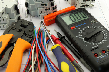 Electrical installation tools and materials for the assembly of electrical equipment. Soft focus....