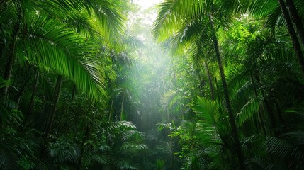Obraz premium Lush Green Jungle with Sunlight Filtering Through Dense Tropical Canopy