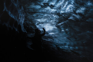 Detailed, close-Up Of Ice In An Ice Cave. Blue pattern, texture. Southern Iceland. Copy space for text or background.