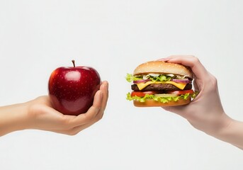fast food,hands holding hamburger and apple