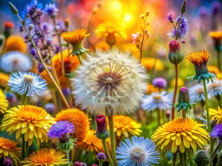Obraz premium Captivating Macro Photography of Dandelions and Wildflowers, Showcasing Nature's Beauty in Intricate Detail for Stunning Visuals and Creative Projects