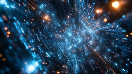 Obraz premium A futuristic digital landscape with glowing particles and lines, suggesting motion and depth.