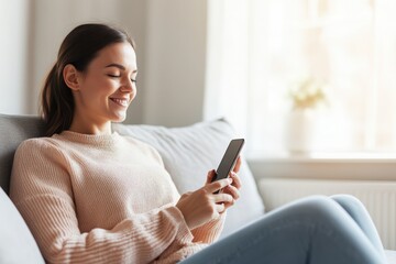 A woman enjoys leisure time on her smartphone, smiling comfortably on a cozy couch in a bright living room.