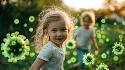 Probiotic Immune Protection, Every Day concept. A joyful child playing outdoors, surrounded by green virus-like shapes against a soft, sunlit background.