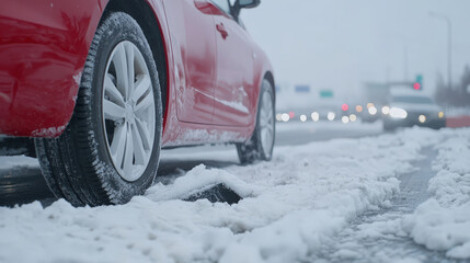 Snow-covered road with a red car parked beside it during a winter day with blurred traffic in the background showcasing harsh weather conditions