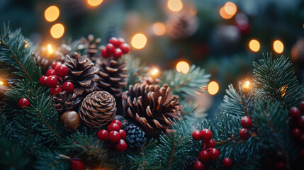 Christmas background showcasing a traditional wreath with pinecones, berries, and glowing lights