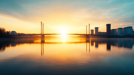 Obraz premium Calm river at sunrise with modern cable-stayed bridge creating a beautiful urban scene