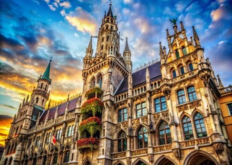Obraz premium Captivating Macro Photography of Munich Town Hall's Architectural Details and Ornate Stonework, Highlighting Intricate Designs and Historical Significance in Stunning Clarity