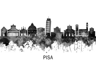 Obraz premium Pisa Italy Skyline BW, cityscape landscape watercolor painting print poster abstract splash illustration urban art modern downtown landmarks skyscrapers