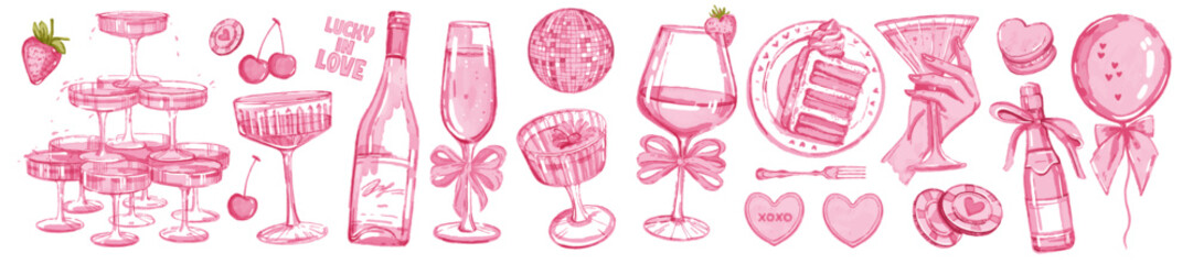 Champagne bachelorette party set, vector watercolor wedding coquettish alcohol beverage, wineglass. Feminine pink celebration cocktail drink, aesthetic Valentine day date, bottle. Champagne party kit