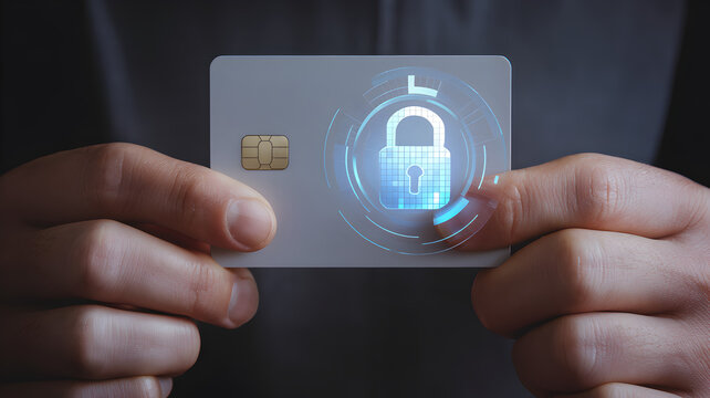 Digital Payments Trust Assurance Concept. A hand holding a card with a digital lock symbol overlay.
