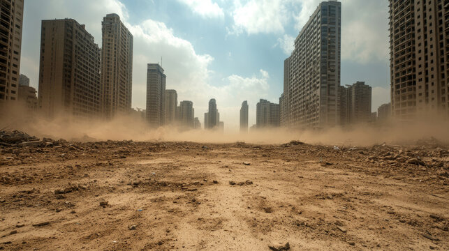 Panoramic perspective of a dust storm engulfing a deserted city, with towering abandoned high-rise buildings in the distance