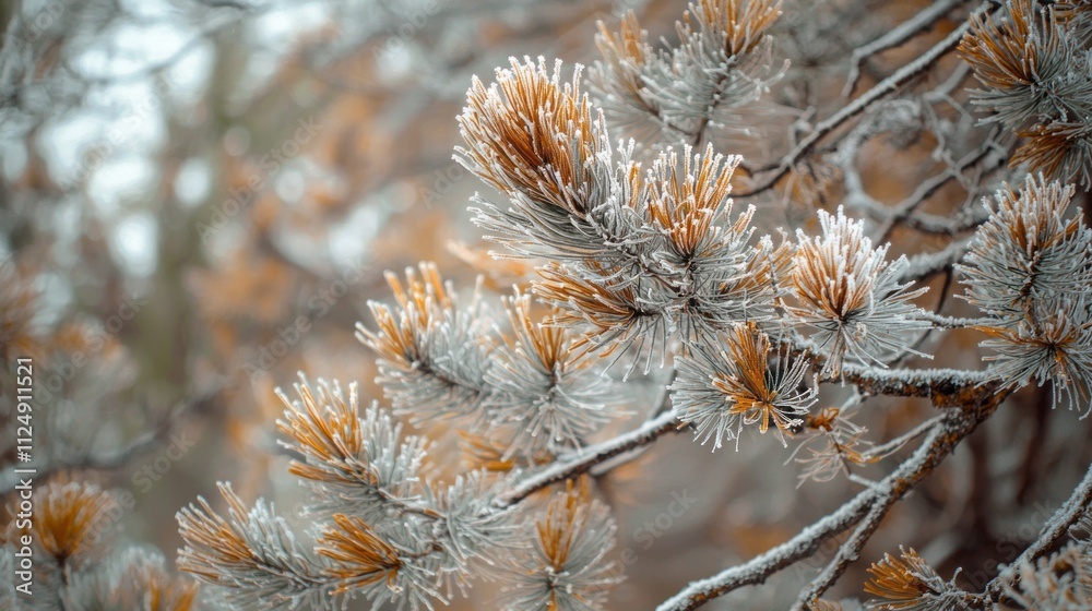 Aufkleber Delicate pine branches adorned with shimmering frost create a breathtaking winter display