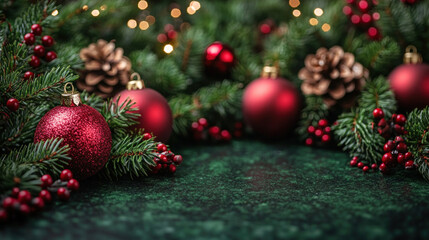 Fototapeta premium Christmas background with sparkling lights, pine garlands, and red ornaments on a dark green backdrop