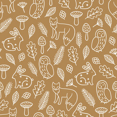 Christmas outline seamless pattern with foxes, rabbits, owls, mushrooms, leaves, snowflakes on gold background. Perfect for wallpaper, gift paper, winter greeting cards. Vector hand drawn illustration