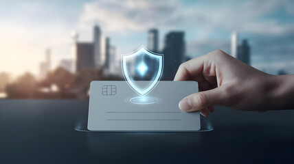 Digital Payments Trust Assurance Concept. A hand holding a card with a digital security shield overlay.