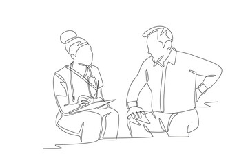 Nurses check patient's complaints. Visiting nurse concept one-line drawing
