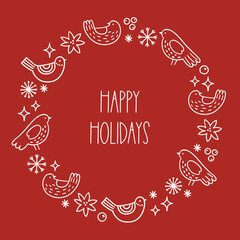 Christmas outline greeting card with birds, snowflakes, stars on red background. Perfect for seasonal holidays and decorations. Hand drawn frame, wreath