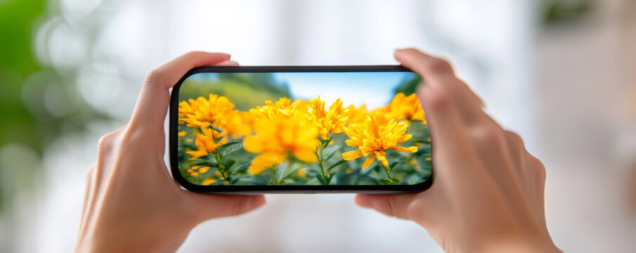 Capturing the beauty of nature with mobile technology: hands photographing yellow flowers in a field with a smartphone - Powered by Adobe