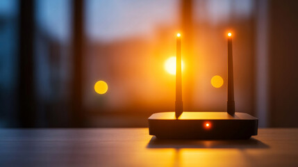 Home office scene at sunset with a wireless router displaying a blinking red security alert, suggesting a network security concern