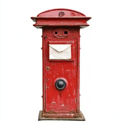 Antique red mailbox, weathered, contains letter.
