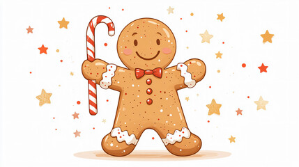 Sweet Christmas Cheer Adorable Gingerbread Man Holding Candy Cane with Festive Sprinkles and Stars Background