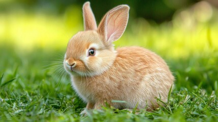 Fototapeta premium A charming baby bunny with soft brown fur hops playfully in vibrant green grass, soaking up the warmth of a sunny spring day