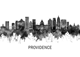 Providence Rhode Island Skyline BW, cityscape landscape watercolor painting print poster abstract splash illustration urban art modern downtown landmarks skyscrapers